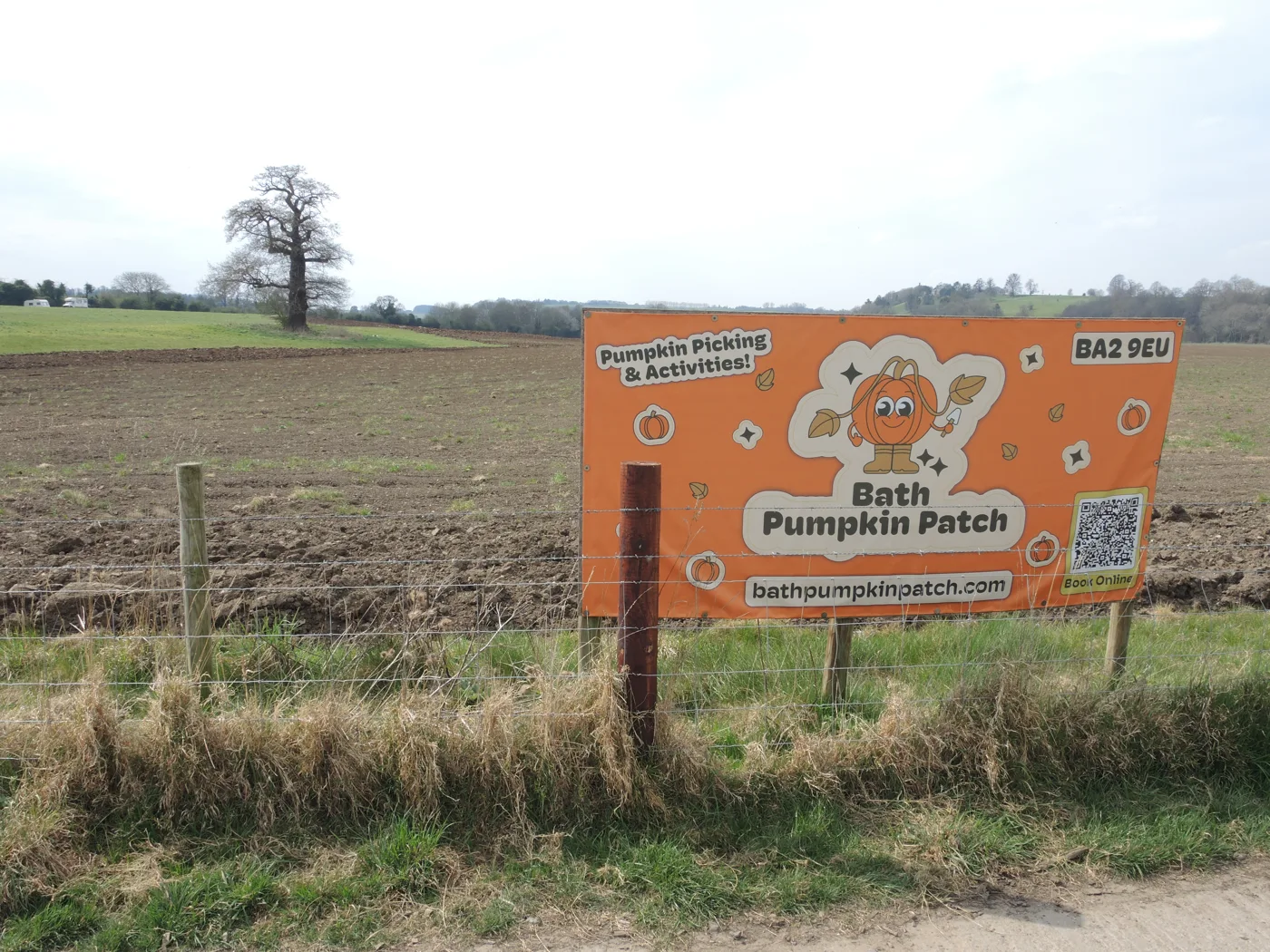 The Bath Pumpkin Patch sign on Newbridge Road, photographed out of season in April